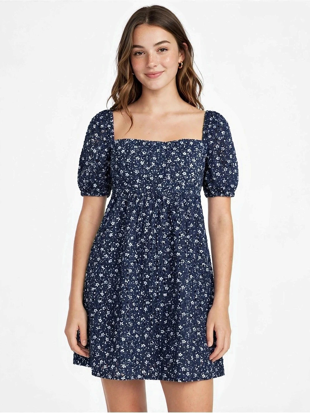 Maeve by Anthropologie Lillianne Navy Blue Floral Eyelet Mini Dress Size 6 - 15"